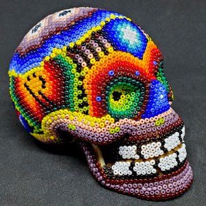 Huichol Beaded Skull on carved fish bone ~ Handcrafted by indigenous artist